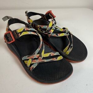 Chaco Kids Black Sandals with Yellow and Orange Patterned Straps